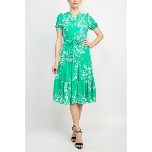 NWT Nanette Lepore V-Neck Short Sleeve Tie Waist Floral A-Line Crepe Dress 10 - Picture 4 of 12